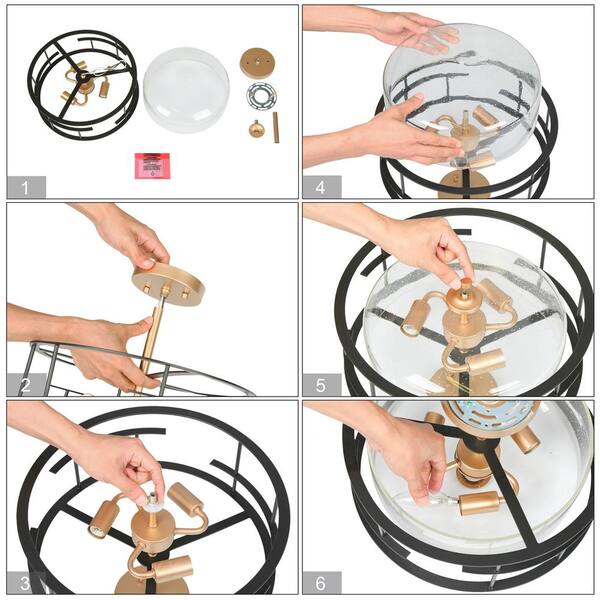 14 in. 3-Light Black Modern Semi-Flush Mount, Seeded Glass Dark Gold Ceiling Light, Farmhouse Open Cage Light Fixture