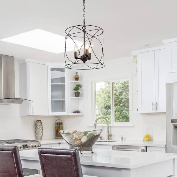 Black Drum Dining Room Chandelier, 3-Light Modern Farmhouse Kitchen Cage Pendant Chandelier Light