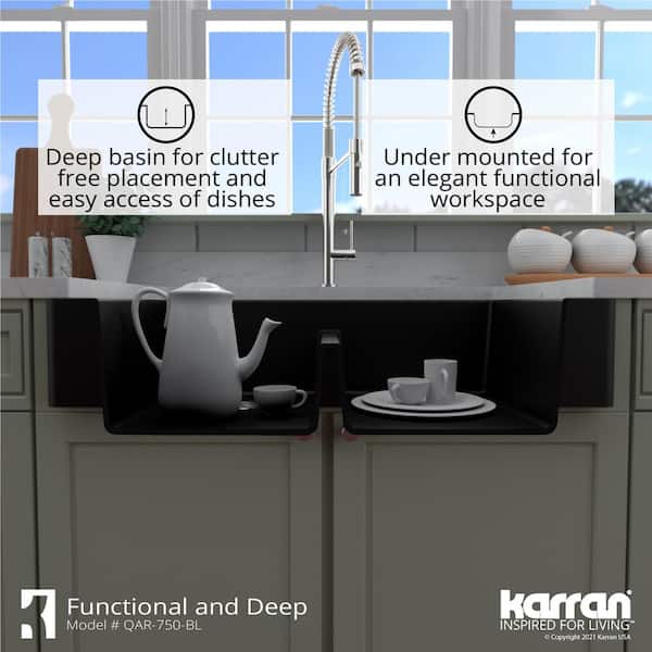 Retrofit Farmhouse Apron Front Quartz Composite 34 in. Double Bowl Kitchen Sink in Black