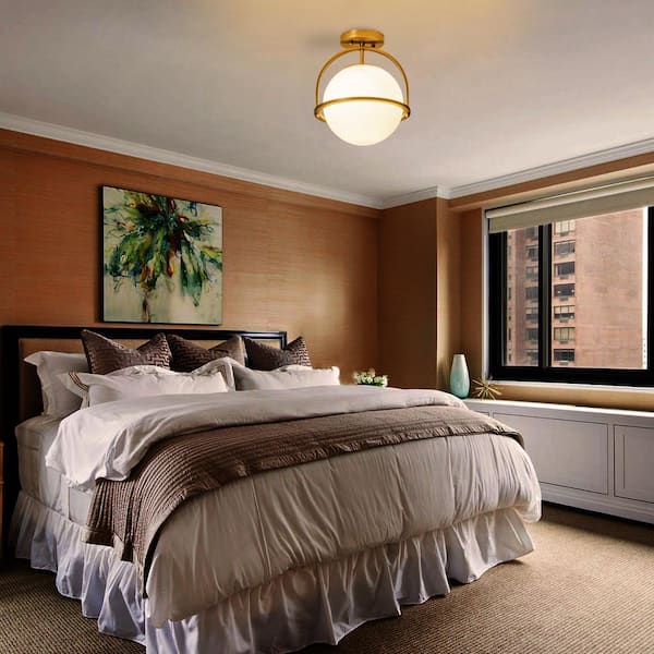 10.25 in. 1-Light Antique Brass Sphere Modern Semi Flush Mount with Opal Glass Shade and No Bulbs Included