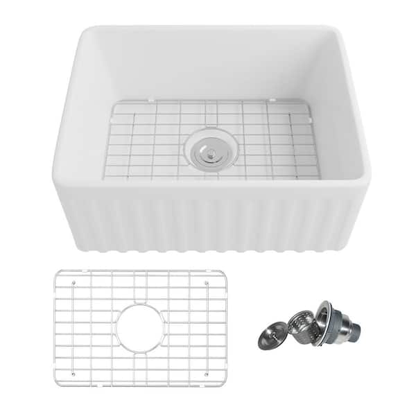 Perch 24 in. Farmhouse Apron Front Single Bowl Kitchen Sink in White Ceramic, Grid and Strainer Included