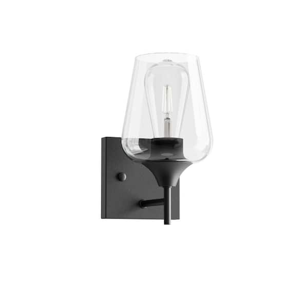 1-Light Matt Black Wall Sconce with Clear Glass Shade