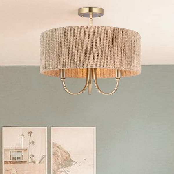 Collision 17.7 in. 3-Light Gold/Wood Semi-Flush Mount