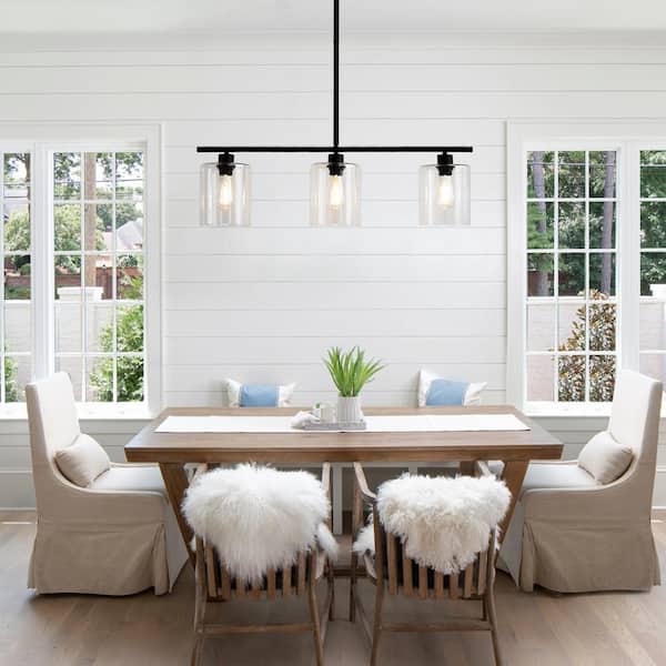 3-Light Matte Black Modern Kitchen Island Light fixtures,Linear Chandelier Pendant Hanging Light with Clear Glass Shade