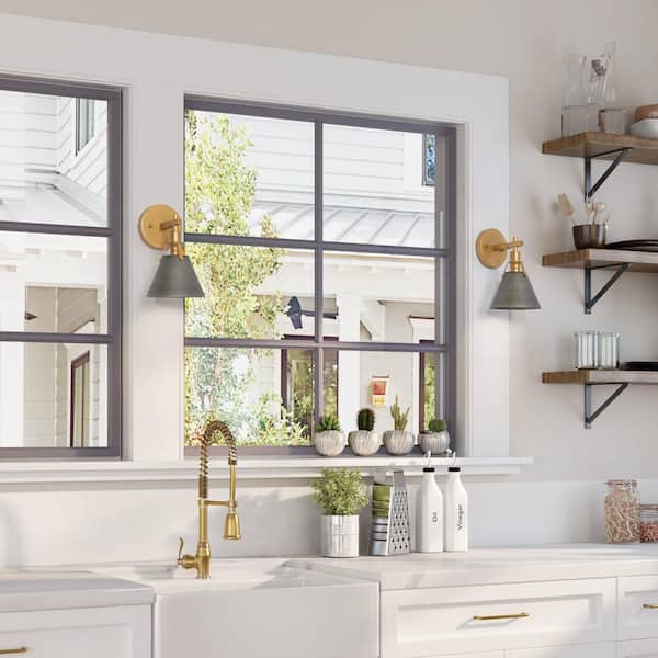 Vintage Gray Mid-Century Bell Wall Sconce with Metal Shade & Brushed Gold Accents, 1-Light Decorative Fixture (2-Pack)