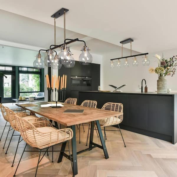 38 in. Large 5-Light Modern Black Island Chandelier, DIY Globe Pendant Light, Farmhouse Brass Dining Room Chandelier