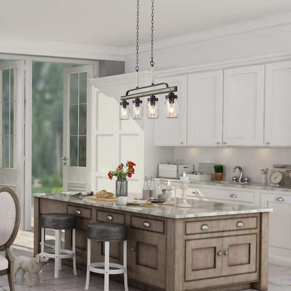 Modern Farmhouse Greyish Black 4-Light Linear Chandelier with Faux Wood Accent Island Pendant with Mason Jar Glass Shade