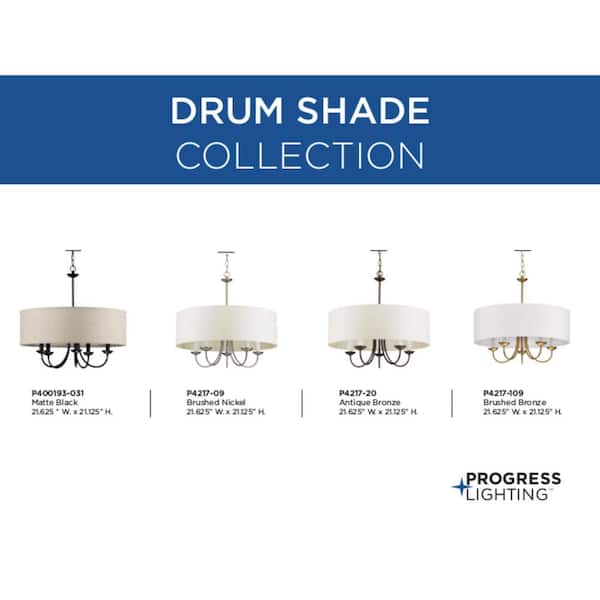Drum Shade Collection Farmhouse 21-5/8 in. 5-Light Matte Black with Harvest Linen Shade Chandelier Light