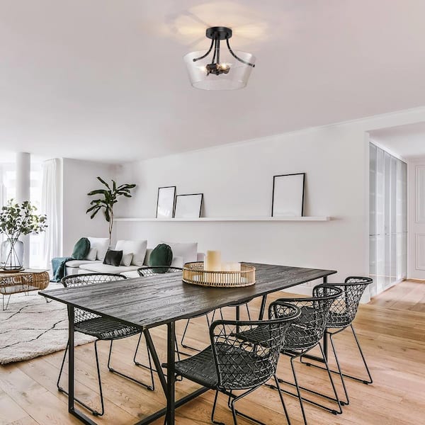 Modern Black Farmhouse 13 in. 3-Light Semi-Flush Mount Center-Bowl Ceiling Light with Seeded Glass Shade