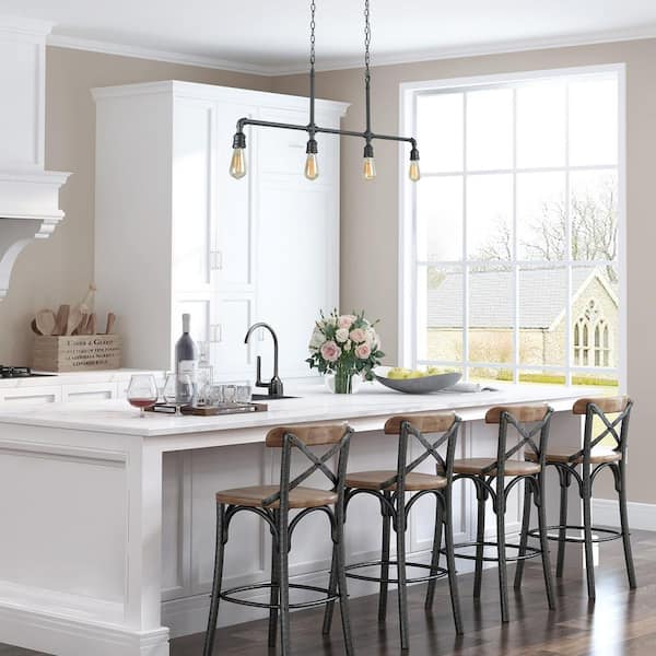 Black Island Chandelier, Industrial 4-Light Linear Matte Black Pipe Chandelier Kitchen Hanging Pendant Light
