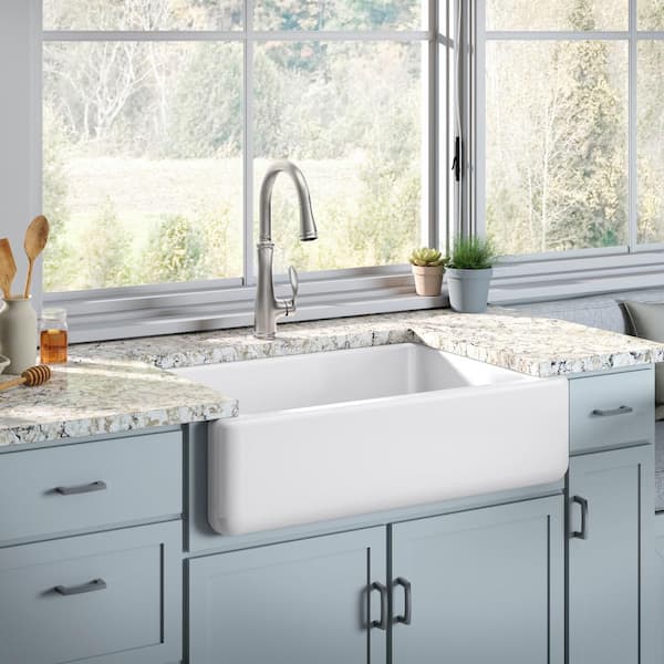 Whitehaven Farmhouse Self-Trimming Apron Front Cast Iron 33 in. Single Bowl Kitchen Sink in White