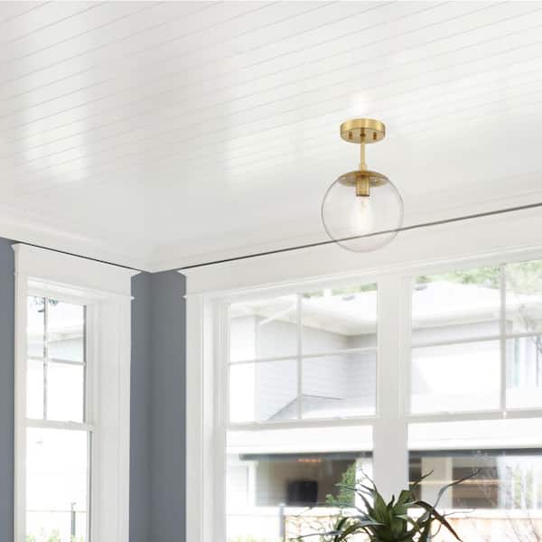 Gracelyn Modern 14.36 in. 1-Light Satin Gold Smart Semi-Flush Mount Ceiling Light with Clear Seedy Glass Globe Shade