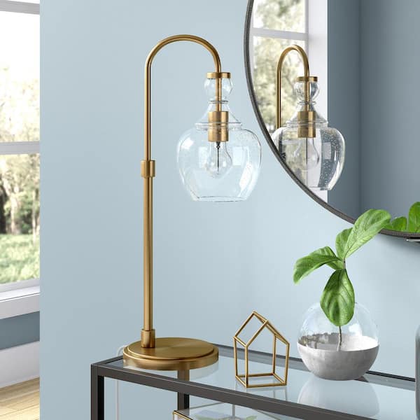 Verona 27 in. Brushed Brass Arc Table Lamp with Seeded Glass Shade