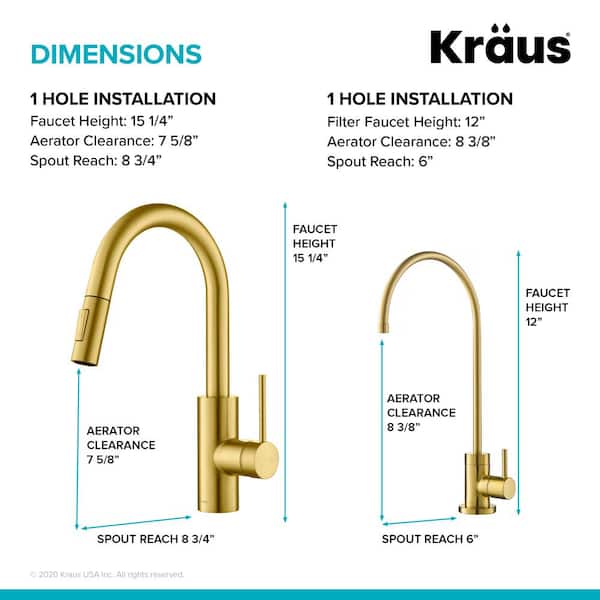 Oletto Single Handle Pull-Down Kitchen Faucet and Purita Beverage Faucet in Brushed Brass