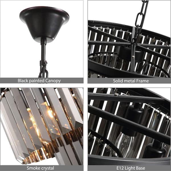 3-Tier Black and Smoked Crystal Chandelier 20 in. 6-Light Modern Kitchen Island Dining Table Pendant Lighting