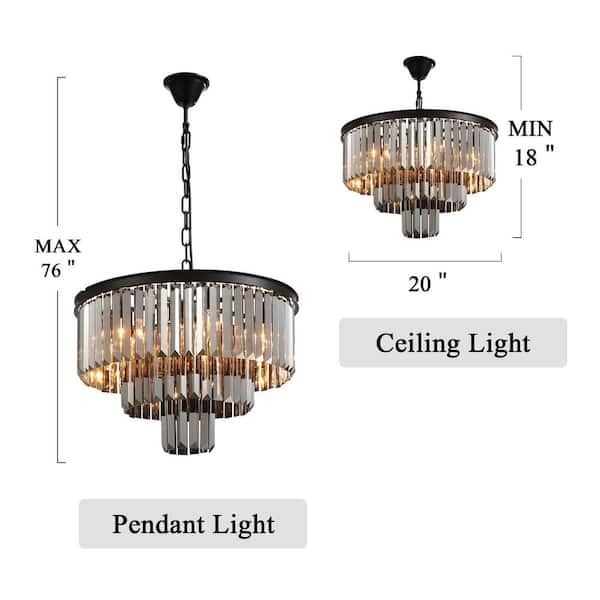 3-Tier Black and Smoked Crystal Chandelier 20 in. 6-Light Modern Kitchen Island Dining Table Pendant Lighting
