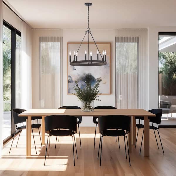 8-Light Black and Faux Wood Wagon Wheel Chandelier Light Fixture