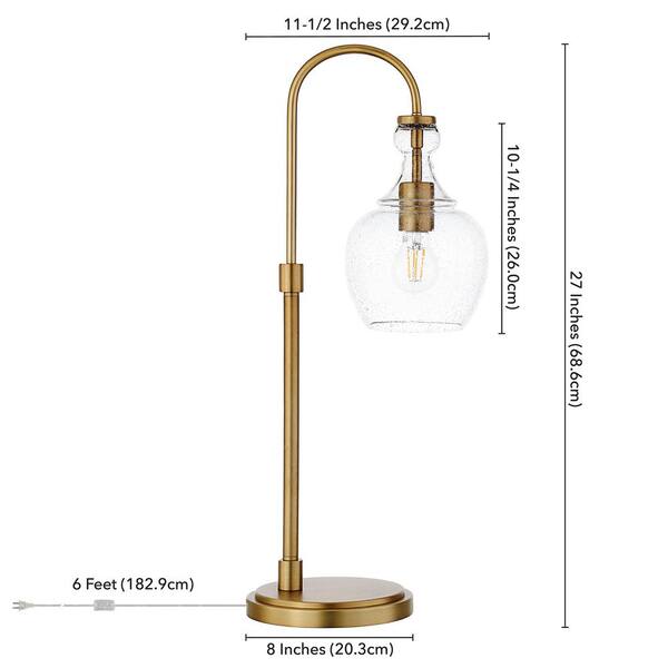 Verona 27 in. Brushed Brass Arc Table Lamp with Seeded Glass Shade