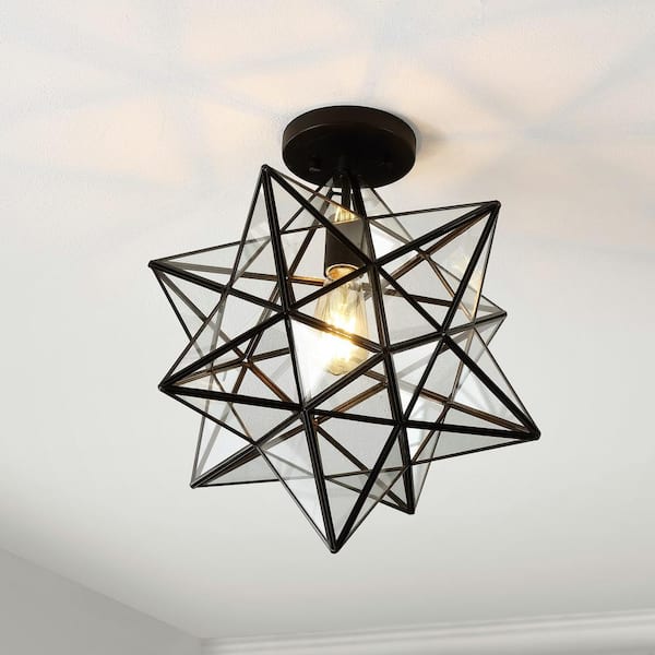 Ava 14.5 in. Black/Clear 1-Light Farmhouse Bohemian Iron/Glass LED Semi Flush Mount