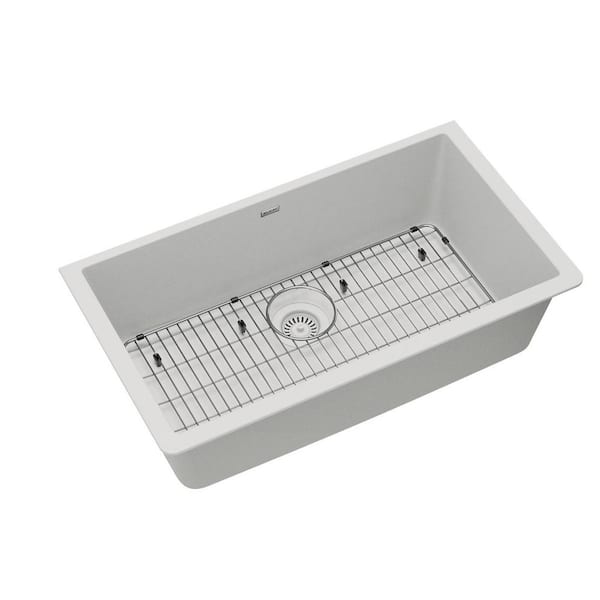 Quartz Classic White Quartz 33 in. Single Bowl Undermount Kitchen Sink with Bottom Grid and Drain
