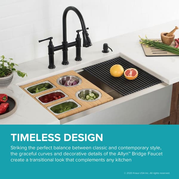 Allyn Double Handle Transitional Bridge Kitchen Faucet with Pull-Down Sprayhead in Matte Black
