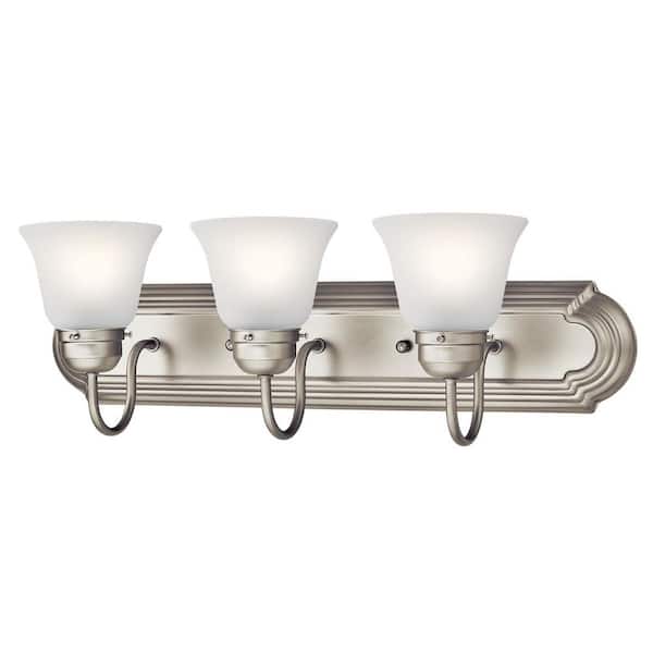 Independence 24 in. 3-Light Brushed Nickel Traditional Bathroom Vanity Light with Frosted Glass Shade