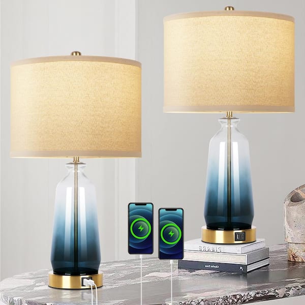 23 in. Blue Touch Control Glass Table Lamp (Set of 2) with USB Ports 3-Way Dimmable Nightstand Lamps(Include 2 Bulbs)