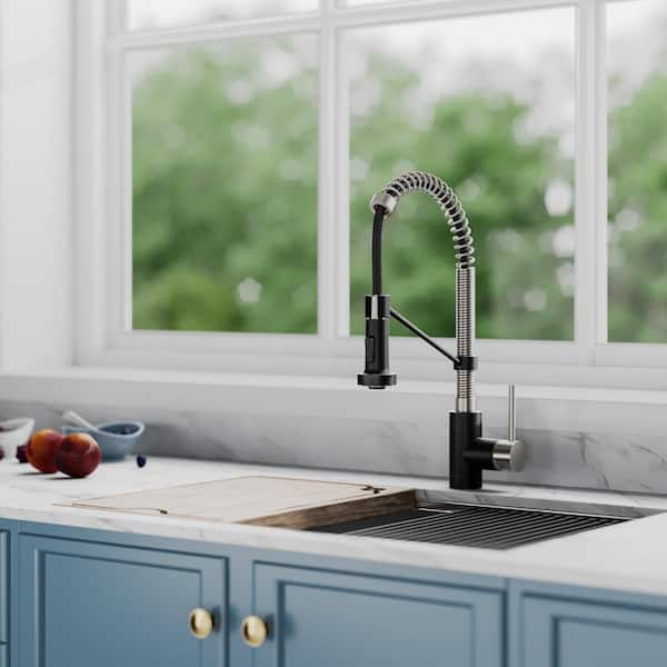 Spot Free 18-Inch Kitchen Faucet with Dual Function Pull-Down Sprayhead in all-Brite Stainless Steel/Matte Black Finish
