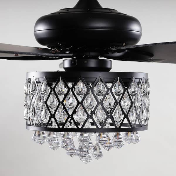 Berkshire 52 in. Crystal Downrod Mount Black Ceiling Fan With Light Kit and Remote Control