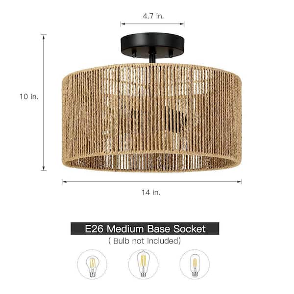Bohe 14 in. 2-Light Woven Rope Drum Semi-Flush Mount Ceiling Light