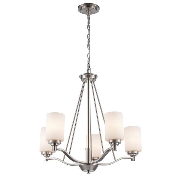 5-Light Brushed Nickel Chandelier Light Fixture with Frosted Glass Shades