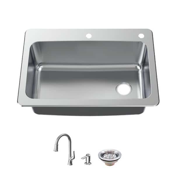 All in-One 33 in. Drop-in/Undermount Single Bowl 18 Gauge Stainless Steel Kitchen Sink with Pull-Down Faucet/Strainer
