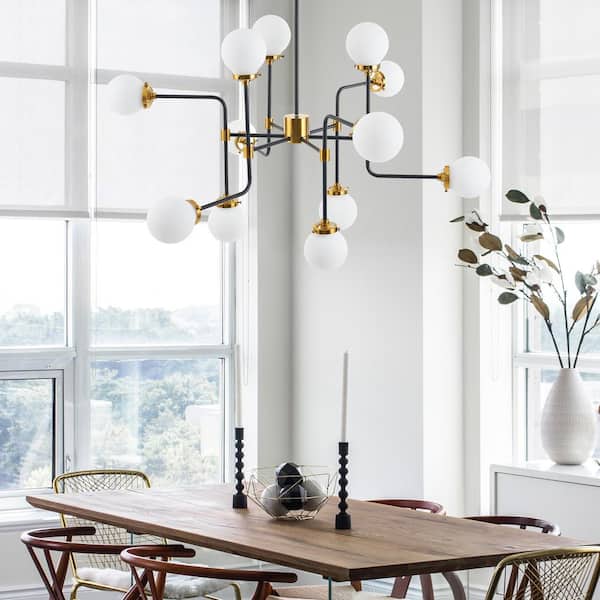 12-Light Black and Gold Modern Sputnik Chandelier with Opaline Shades
