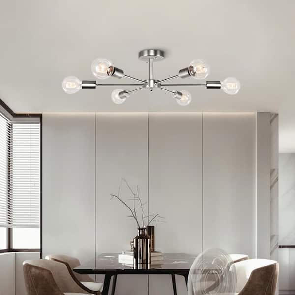 Gallman 23.62 in. 6-Light Nickle Mid-Century Pendant Ceiling Light Sputnik Semi-Flush Mount