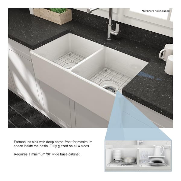 Farmhouse Apron-Front Fireclay 33 in. Double Bowl Kitchen Sink in White with Bottom Grid