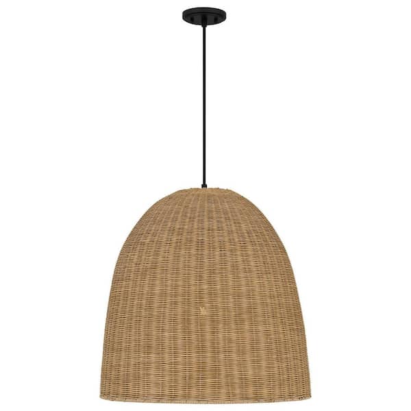 Highler 1-Light Matte Black Pendant with Natural Rattan Shade