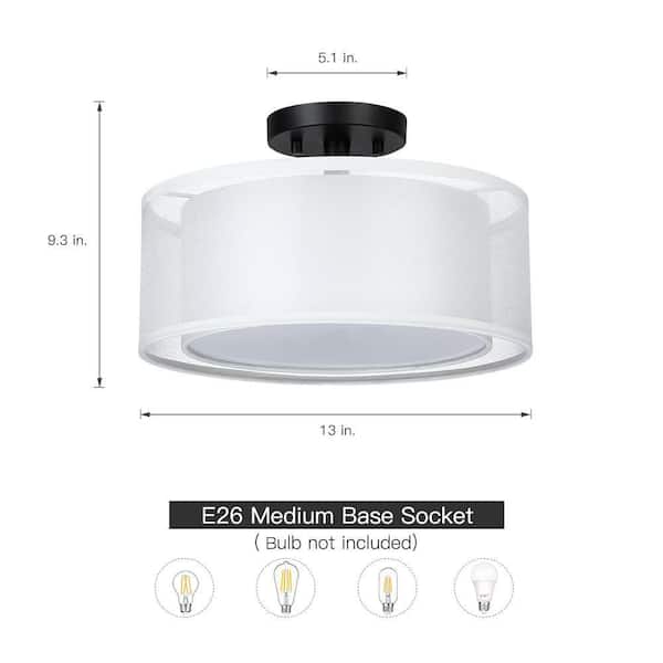 Celina 13 in. 2-Light White Double Drum Semi-Flush Mount Light With Black Hardware