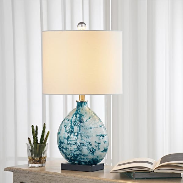 Denver 23 in. Bedside Blue Glass Table Lamp with White Linen Shade