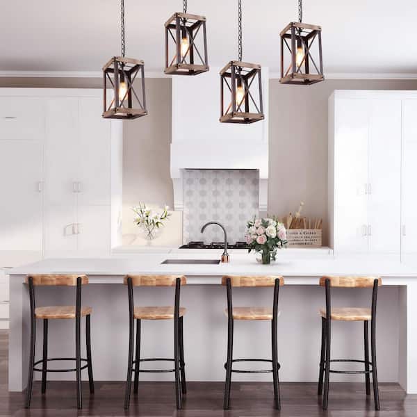 Black Rustic Wood Cage Pendant Light 1-Light Farmhouse Lantern Kitchen Island Pendant Lighting