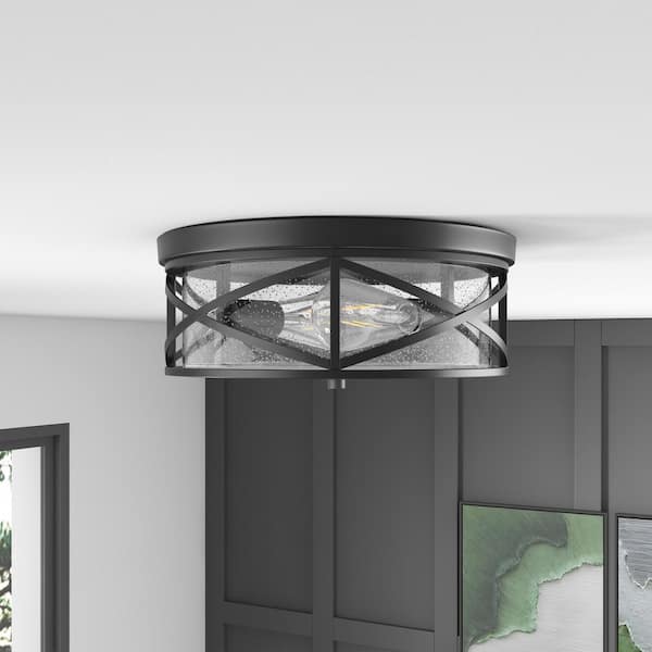 Industrial 13.77 in. 2-Light Black Farmhouse Flush Mount Ceiling Light with Seeded Glass Shade