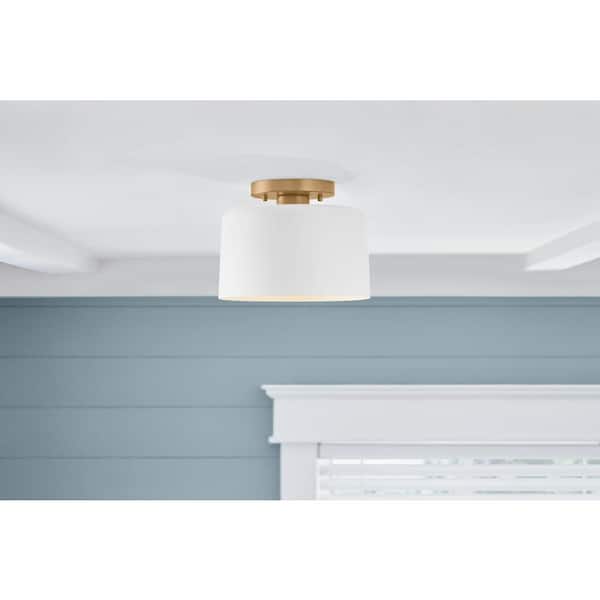 10 in. 1-Light Matte White and Gold Semi-Flush Mount