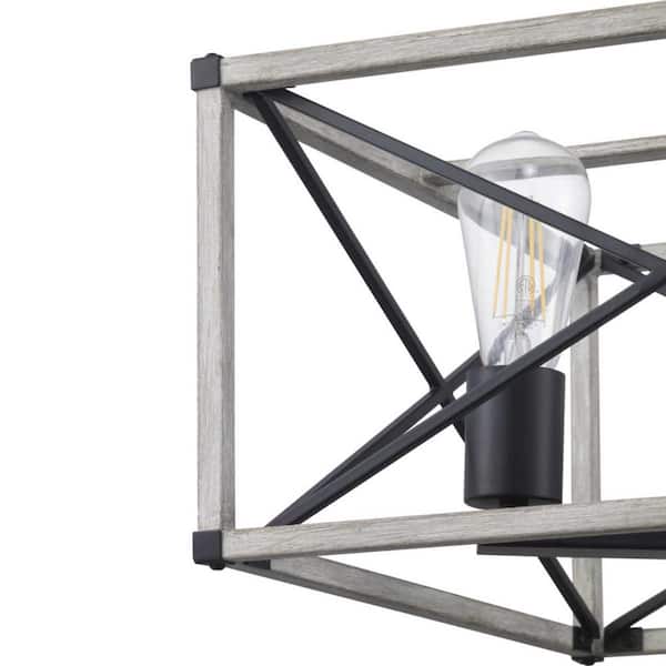 Madison Landing 4-Light Caged Matte Black Rectangular Pendant Hanging Light with Washed White Farmhouse Wood Accents