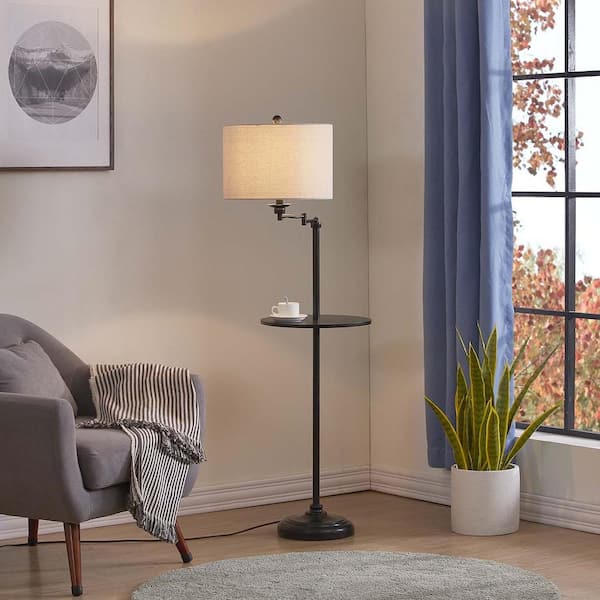New York 60 in. Black Tray Table Floor Lamp with Oatmeal Linen Shade