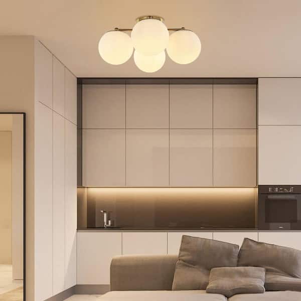 Orly 18 in. 4-Light Brass Gold Bohemian Farmhouse Iron/Frosted Glass LED Semi Flush Mount, White