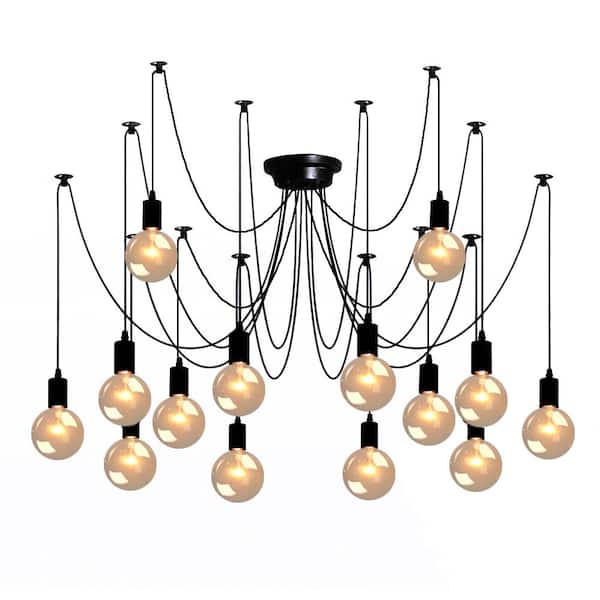 14-Light Modern Industrial Black Edison Adjustable Spider Cluster Chandelier