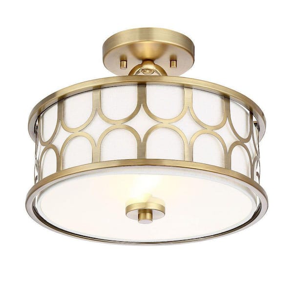 Meridian 13 in. W x 10 in. H 2-Light Natural Brass Semi-Flush Mount with White Fabric Shade and Geometric Metal Frame