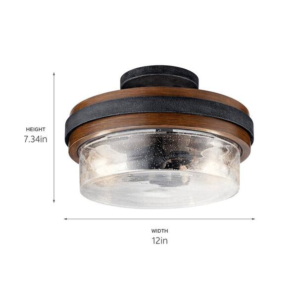 Grand Bank 12 in. 2-Light Auburn Stained Hallway Farmhouse Semi-Flush Mount Ceiling Light with Seeded Glass