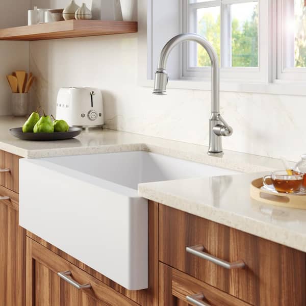 QA-740 Quartz/Granite 34 in. Single Bowl Farmhouse/Apron Front Kitchen Sink in White with Bottom Grid and Strainer