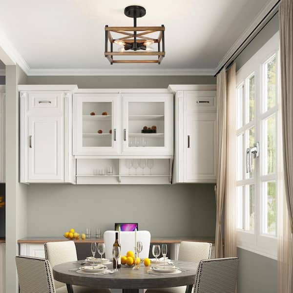 Araphi Modern Farmhouse 4-Light Black Semi-Flush Mount Light with Rustic Faux Wood Accent Square Cage Shade for Foyer