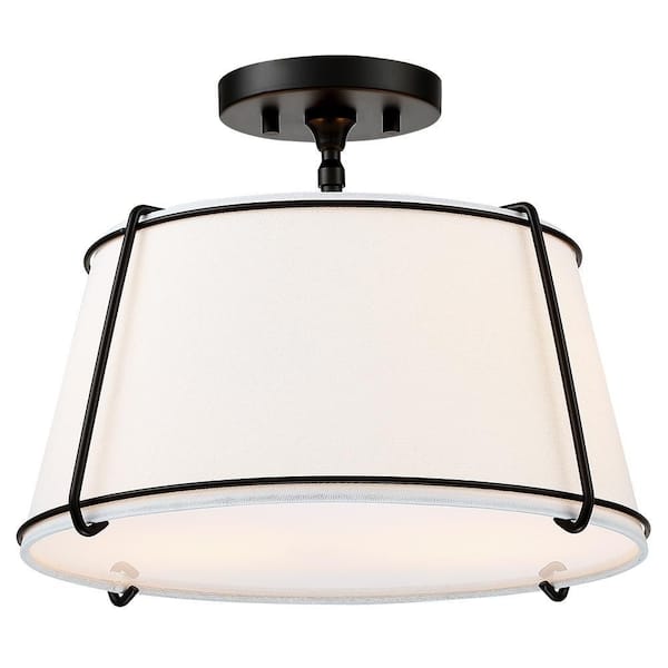 Celina 15 in. 2-Light White Fabric Semi-Flush Mount Light With Black Hardware